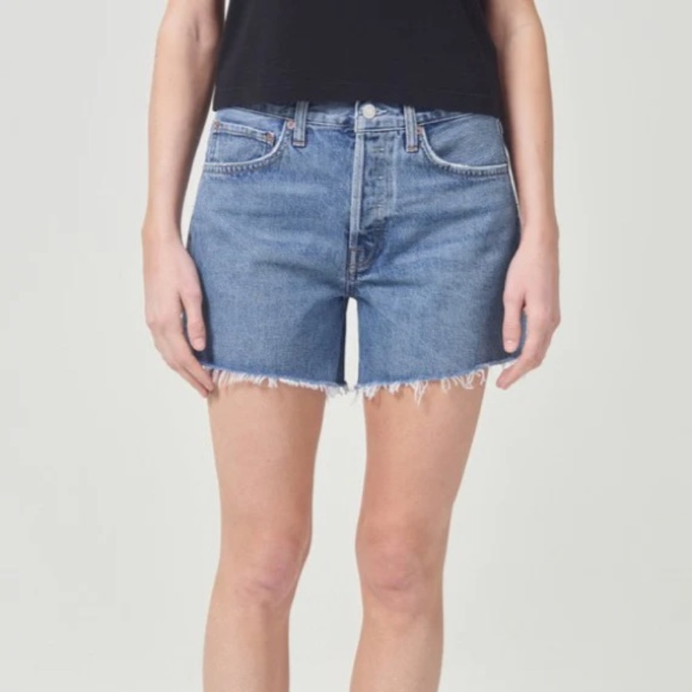 Agolde Parker Long Shorts in Skywave Medium Blue Wash Distressed Denim Shorts - Picture 2 of 12